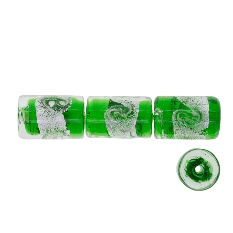 GLASS BEADS - MURANO STYLE - CYLINDER WITH SILVER FILLING - SPIRAL - 18х12mm WHITE AND GREEN (DARK) - 60pcs. Hole:1.5mm