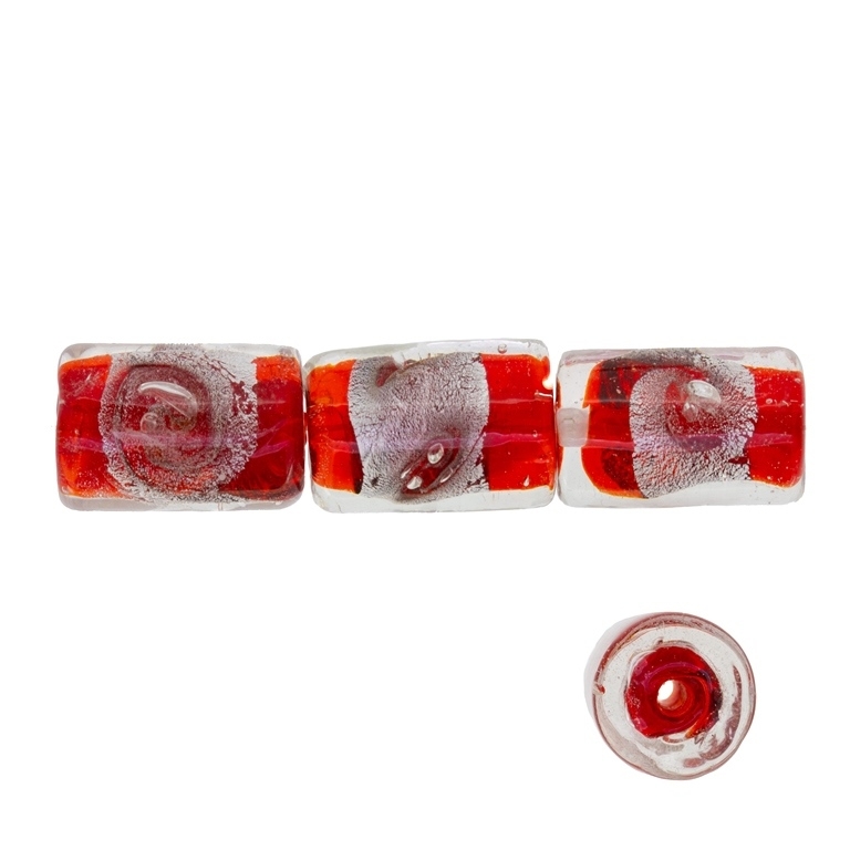 GLASS BEADS - MURANO STYLE - CYLINDER WITH SILVER FILLING - SPIRAL - 18х12mm WHITE AND RED - 15pcs. Hole:1.5mm