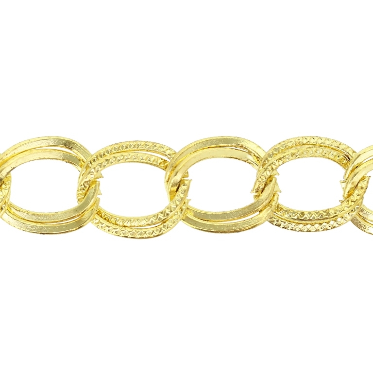 METAL CHAIN - DOUBLE LINK FLAT TEXTURED CURB - 1.4x14x12mm GOLD - NICKEL FREE - ROLL 25meters