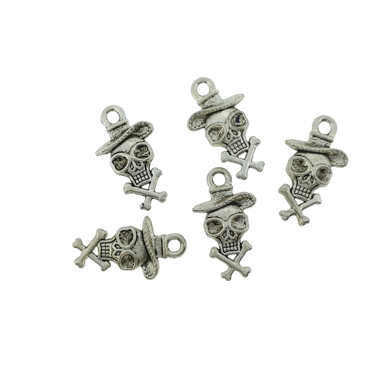 METAL BEADS - PENDANT - SKULL WITH BONES 01 - 10x18x4mm NICKEL - 10pcs. Hole-2.0mm