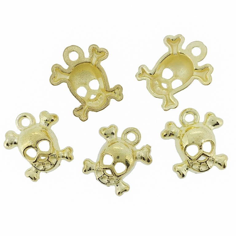 METAL BEADS - PENDANT - SKULL WITH BONES 03 - 13x14x4.5mm GOLD - 10pcs. Hole-1.8mm