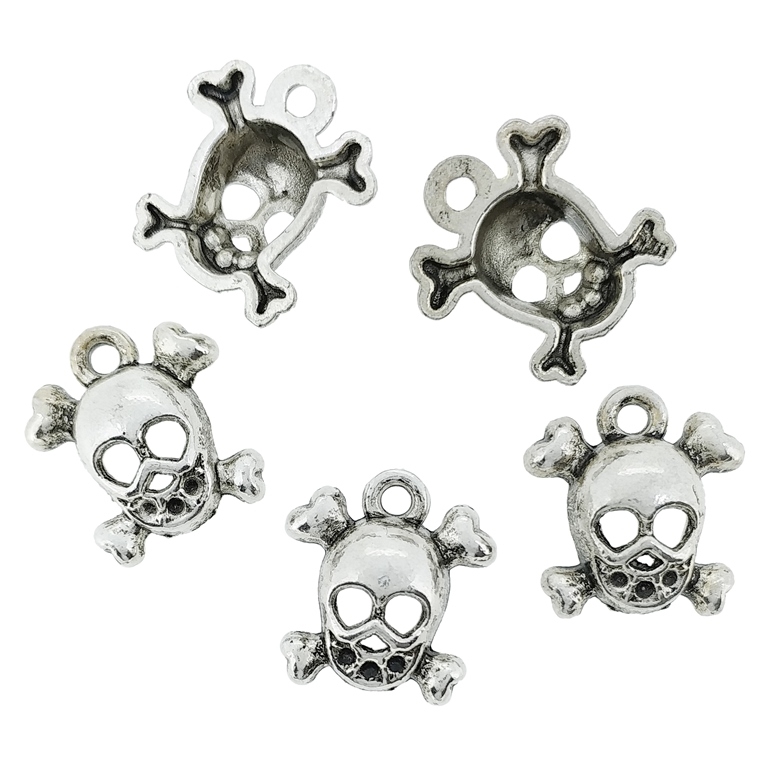 METAL BEADS - PENDANT - SKULL WITH BONES 03 - 13x14x4.5mm NICKEL - 10pcs. Hole-1.8mm