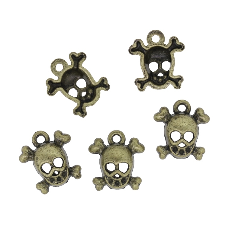 METAL BEADS - PENDANT - SKULL WITH BONES 03 - 13x14x4.5mm ANTIQUE BRONZE - 10pcs. Hole-1.8mm