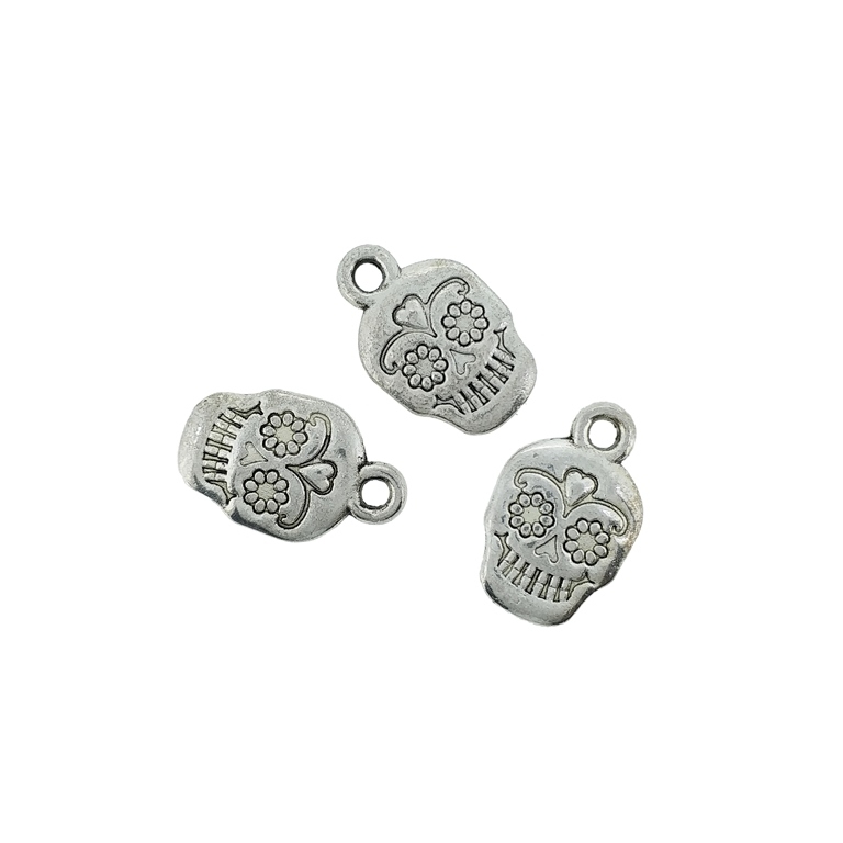 METAL BEADS - PENDANT - SKULL WITH FLOWER EYES - 11x17x2mm NICKEL - PACKAGE 90pcs. Hole-2.0mm