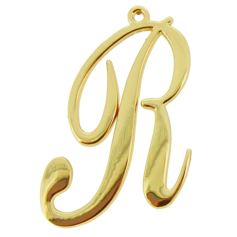 METAL - CHARMS PENDANT 1 HOLE UV COATING - LETTER R - 31x45x1.8mm GOLD COLOR - 1pc. Hole-1.8mm