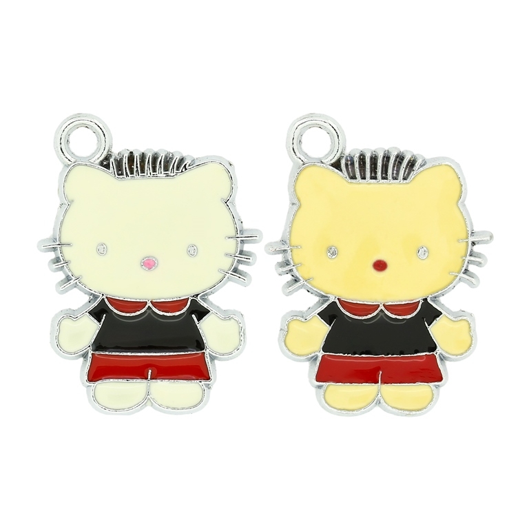 METAL BEADS - ENAMEL PENDANT - KITTY 09 WITH HAIRSTYLE - 20х27х1.5 MM BLACK-RED - 50pcs. Hole:3.0mm