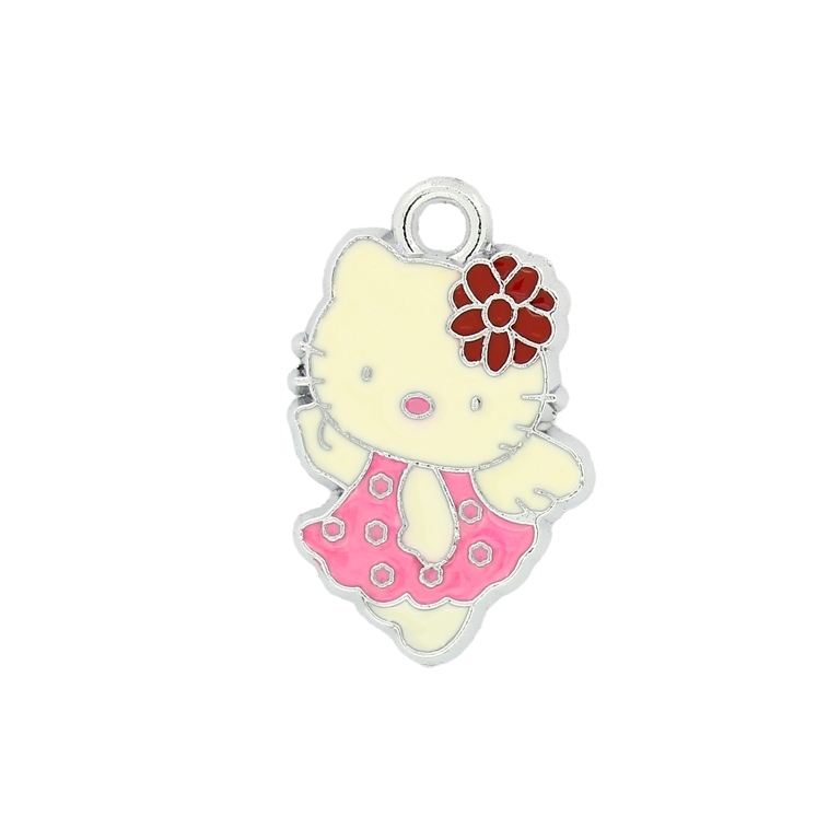 METAL BEADS - ENAMEL PENDANT - KITTY 10 DOTS - 16х25х1.5 MM PINK-RED - 10pcs. Hole:3.0mm