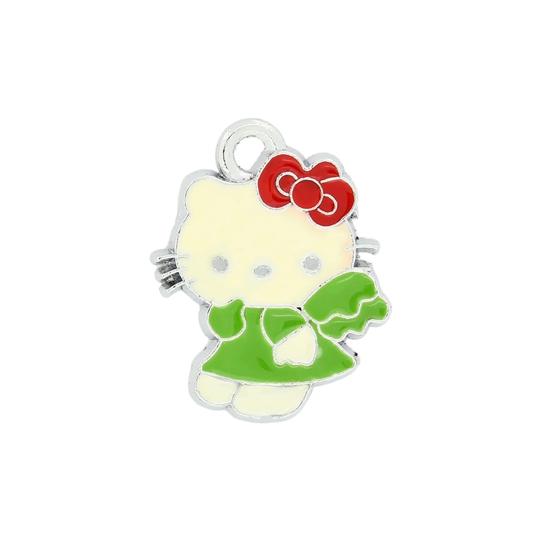 METAL BEADS - ENAMEL PENDANT - KITTY 12 THOUGHTFUL - 18х23х1.5 MM GREEN-RED - 10pcs. Hole:2.5mm