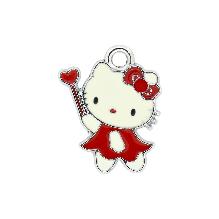 METAL BEADS - ENAMEL PENDANT - KITTY 16 FAIRY - 19х23х1.5 MM RED - 10pcs. Hole:2.5mm