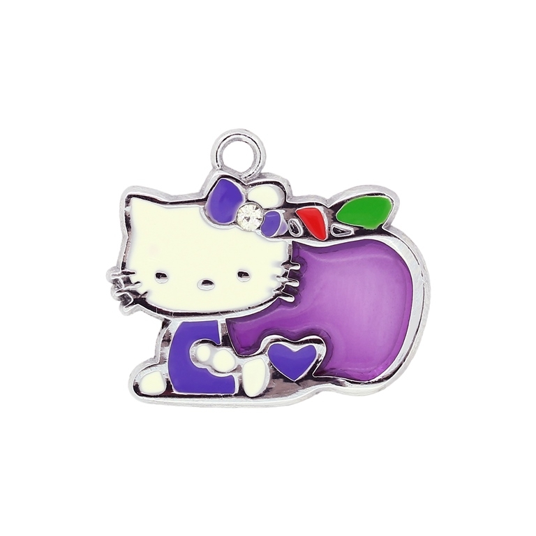 METAL BEADS - ENAMEL PENDANT - KITTY 23 APPLE - 26х22х1.5 MM PURPLE - 50pcs. Hole:2.5mm