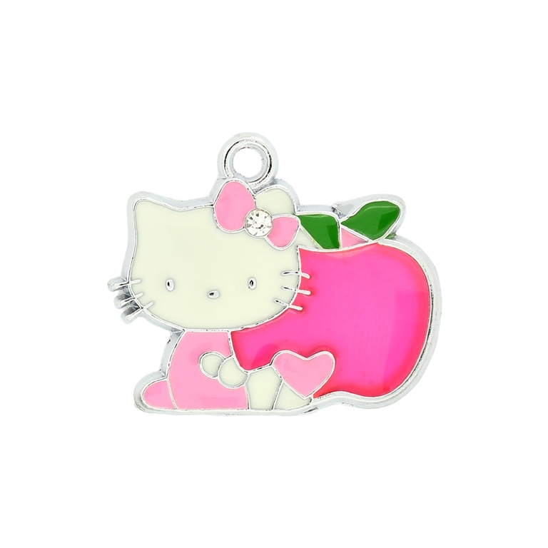 METAL BEADS - ENAMEL PENDANT - KITTY 23 APPLE - 26х22х1.5 MM PINK - 10pcs. Hole:2.5mm