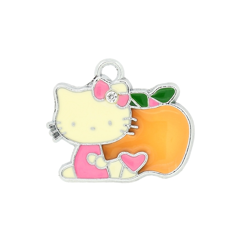 METAL BEADS - ENAMEL PENDANT - KITTY 23 APPLE - 26х22х1.5 MM PINK-ORANGE - 50pcs. Hole:2.5mm