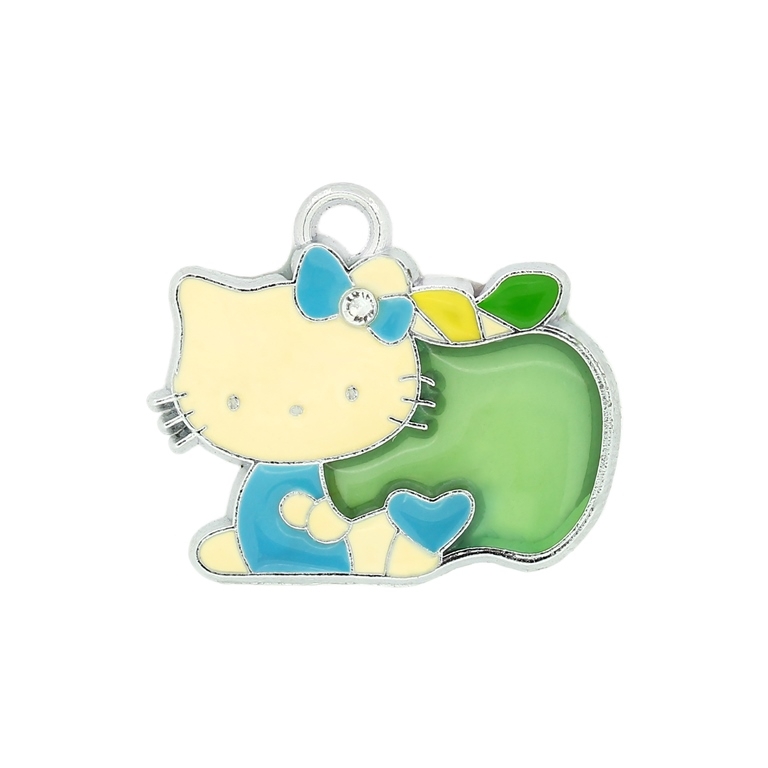 METAL BEADS - ENAMEL PENDANT - KITTY 23 APPLE - 26х22х1.5 MM TURQUOISE-GREEN - 10pcs. Hole:2.5mm