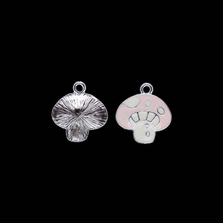 METAL BEADS WITH ENAMEL - UV - PENDANT - MUSHROOM 01 - 19x21x2mm NICKEL AND PINK (LIGHT) - 2pcs. Hole-2.2mm