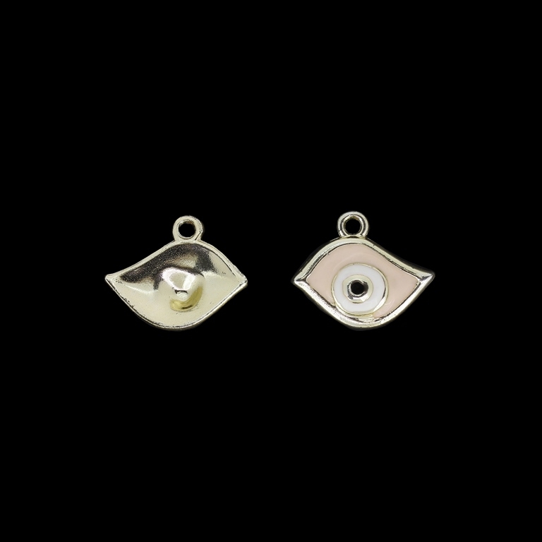 METAL BEADS WITH ENAMEL - UV - PENDANT - EYE ASYMMETRIC - 20x16x3mm GOLD AND PINK (LIGHT)-WHITE - PACKAGE 40pcs. Hole-2.2mm