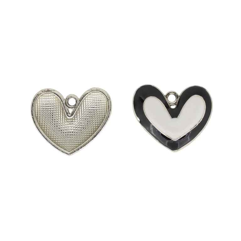 METAL BEADS WITH ENAMEL - UV - PENDANT - HEART 08 CONTOUR - 25x21x4mm GOLD AND BLACK-WHITE - 2pcs. Hole-2.5mm