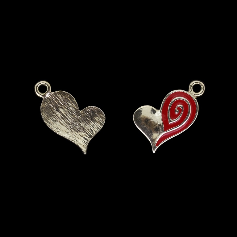 METAL BEADS WITH ENAMEL - UV - PENDANT - HEART WITH SPIRAL - 15x27x2mm GOLD AND RED - 2pcs. Hole-2.6mm