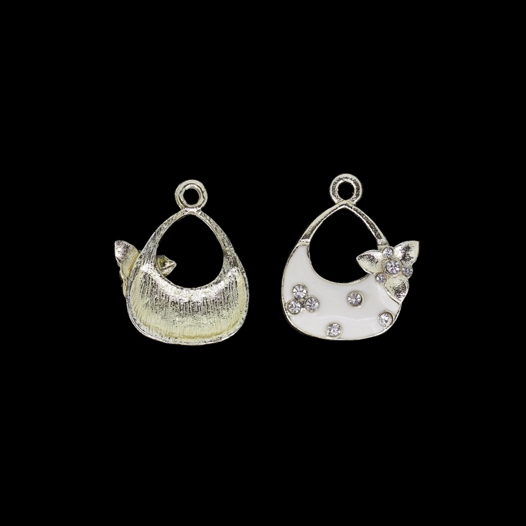 METAL BEADS WITH ENAMEL AND CRYSTALS - UV - PENDANT - HANDBAG 01 - 19x24x3mm GOLD AND WHITE - 2pcs. Hole-2.2mm