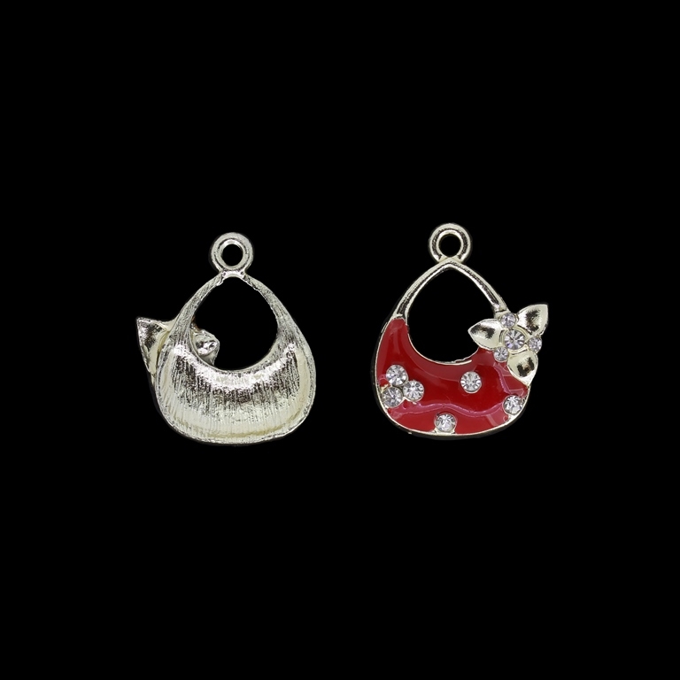 METAL BEADS WITH ENAMEL AND CRYSTALS - UV - PENDANT - HANDBAG 01 - 19x24x3mm GOLD AND RED - 2pcs. Hole-2.2mm