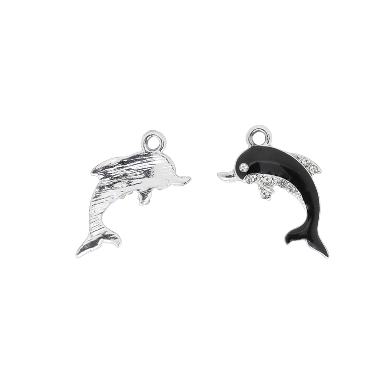 METAL BEADS WITH ENAMEL AND CRYSTALS - UV - PENDANT - DOLPHIN 01 - 19x30x3mm NICKEL AND BLACK - 2pcs. Hole-2.6mm