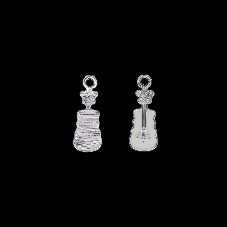 METAL BEADS WITH ENAMEL AND CRYSTALS - UV - PENDANT - GUITAR 02 - 10x26x4mm NICKEL AND WHITE - PACKAGE 30pcs. Hole-2.4mm