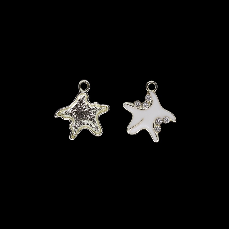 METAL BEADS WITH ENAMEL AND CRYSTALS - UV - PENDANT - STARFISH 03 - 18x20x3mm GOLD AND WHITE - 2pcs. Hole-2.2mm