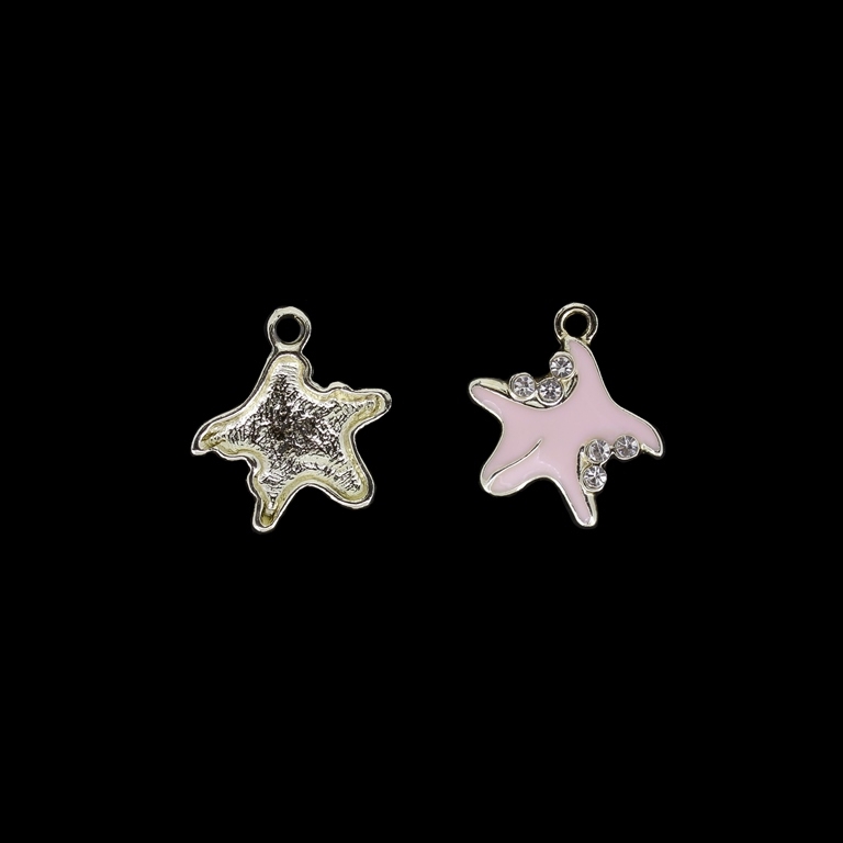 METAL BEADS WITH ENAMEL AND CRYSTALS - UV - PENDANT - STARFISH 03 - 18x20x3mm GOLD AND PINK - 2pcs. Hole-2.2mm