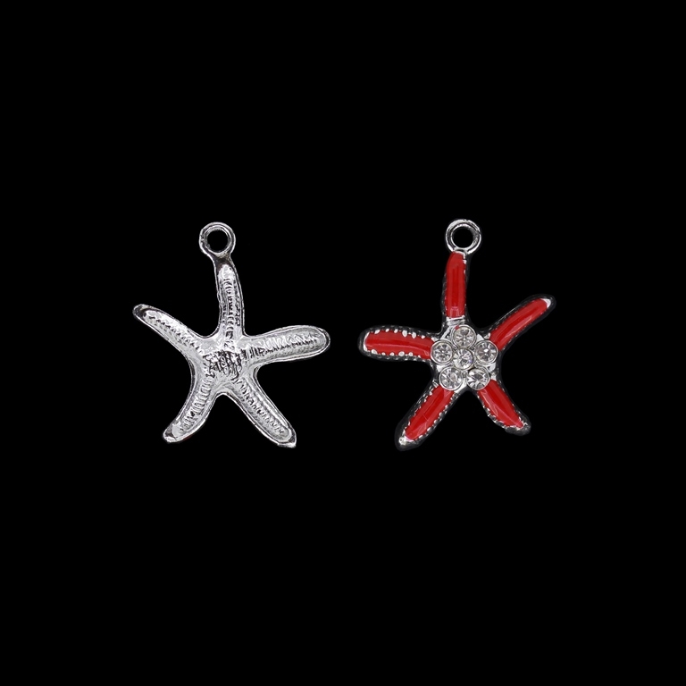 METAL BEADS WITH ENAMEL AND CRYSTALS - UV - PENDANT - STARFISH 04 - 22x25x3mm NICKEL AND RED - PACKAGE 30pcs. Hole-2.4mm