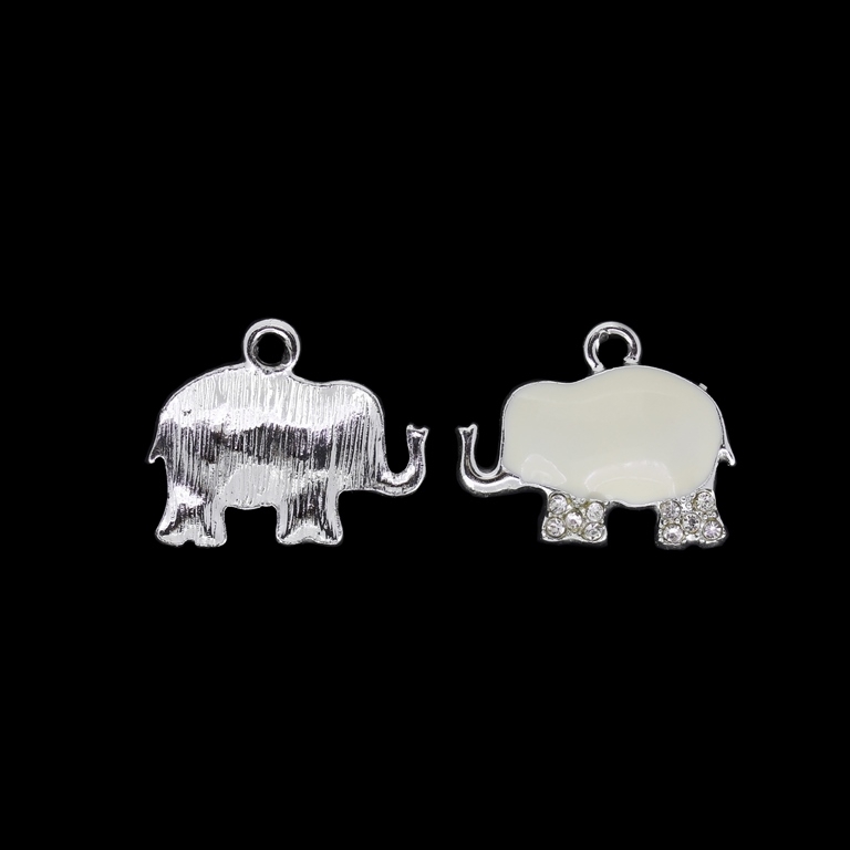 METAL BEADS WITH ENAMEL AND CRYSTALS - UV - PENDANT - ELEPHANT 04 - 24x20x3mm NICKEL AND ECRU - PACKAGE 30pcs. Hole-2.6mm