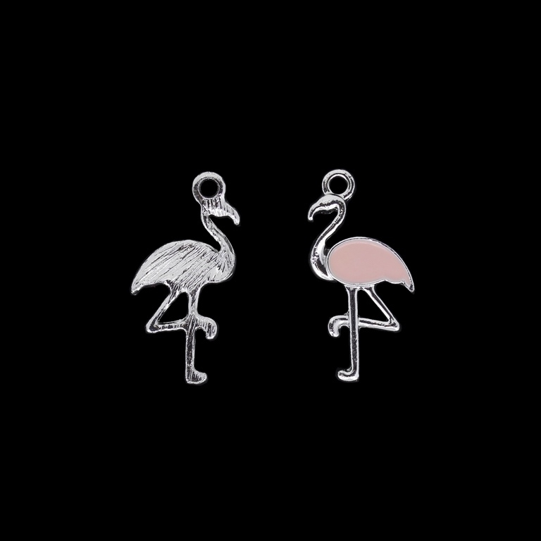 METAL BEADS WITH ENAMEL - UV - PENDANT - FLAMINGO 02 - 15x29x2mm NICKEL AND PEACH - PACKAGE 40pcs. Hole-2.4mm