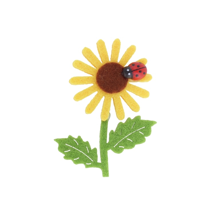 TEXTILE BEADS - FELT - SUNFLOWER WITH LADYBUG 01 - 45x65mm YELLOW AND GREEN - PACKAGE 10pcs.