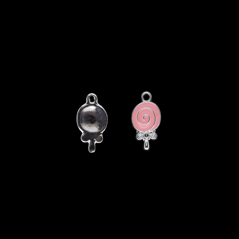 METAL BEADS WITH ENAMEL - UV - PENDANT - SUGAR LOLLIPOP 01 - 10x18x2mm NICKEL AND PINK (DARK) - PACKAGE 40pcs. Hole-1.6mm