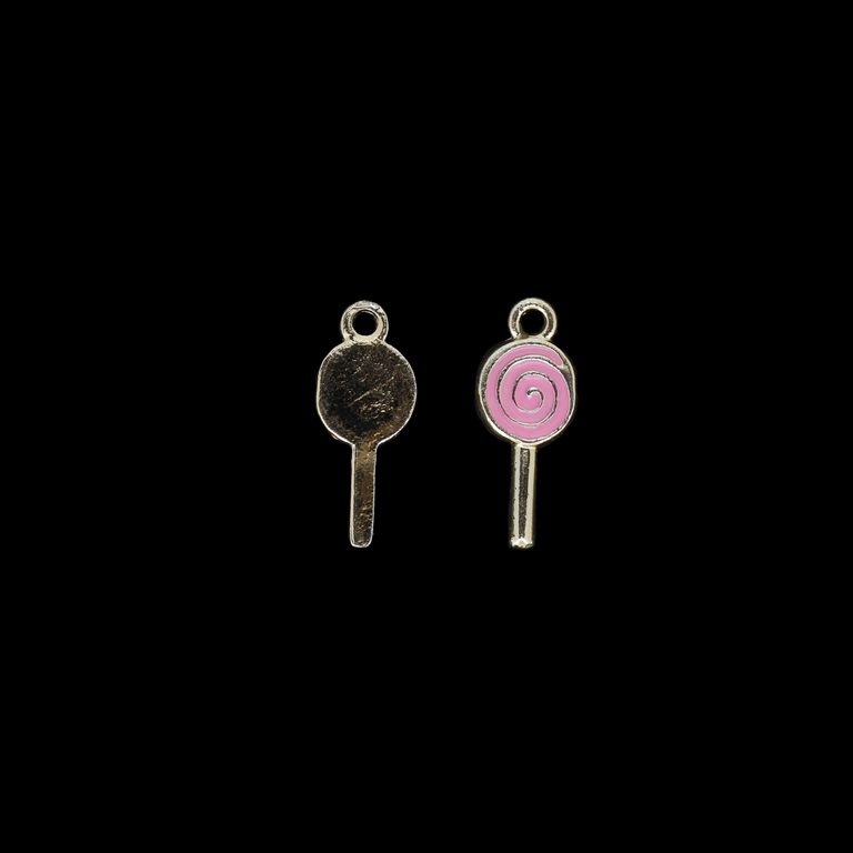 METAL BEADS WITH ENAMEL - UV - PENDANT - SUGAR LOLLIPOP 02 - 9x22x2mm GOLD AND PINK - 4pcs. Hole-2.0mm