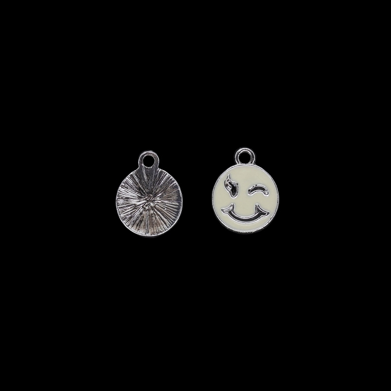 METAL BEADS WITH ENAMEL - UV - PENDANT - BLINKING EMOJI 01 - 13x16x2mm NICKEL AND WHITE - PACKAGE 40pcs. Hole-2.2mm