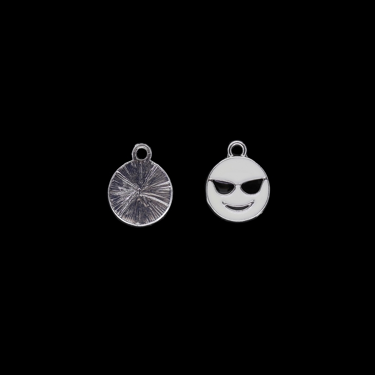 METAL BEADS WITH ENAMEL - UV - PENDANT - EMOJI WITH SUNGLASSES - 13x16x2mm NICKEL AND WHITE - 4pcs. Hole-2.2mm