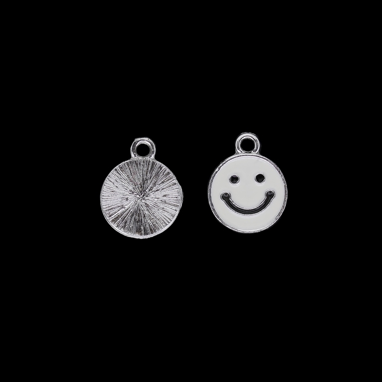 METAL BEADS WITH ENAMEL - UV - PENDANT - SMILING EMOJI 02 - 16x20x2mm NICKEL AND WHITE-BLACK - PACKAGE 40pcs. Hole-2.7mm