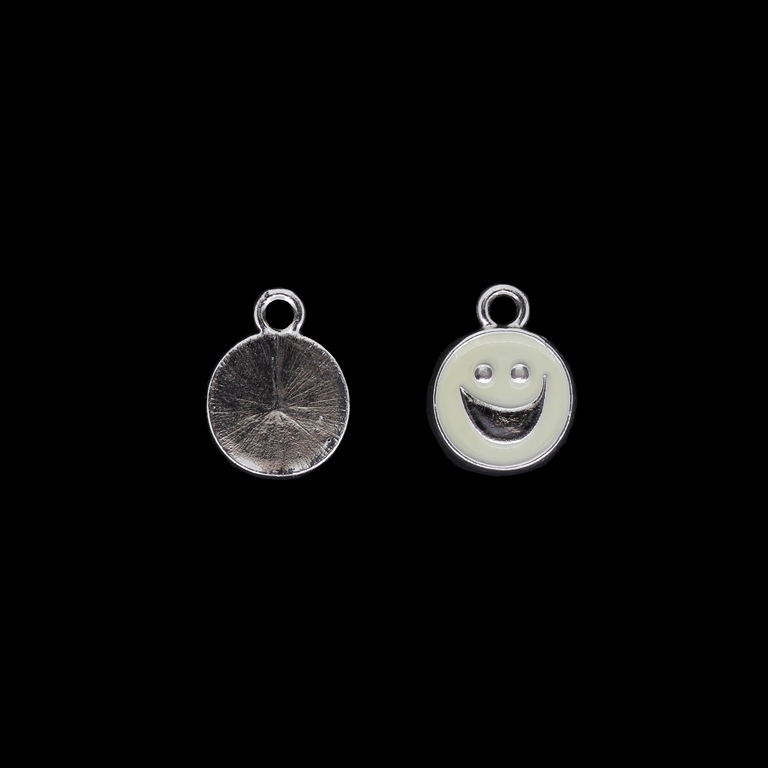 METAL BEADS WITH ENAMEL - UV - PENDANT - SMILING EMOJI 03 - 14x18x2mm NICKEL AND WHITE - 4pcs. Hole-2.7mm