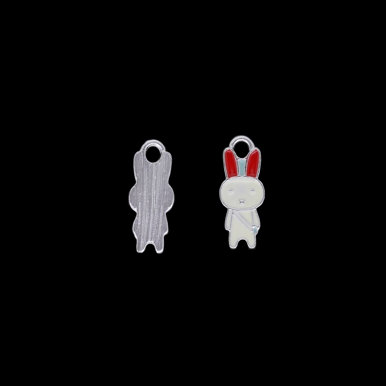 METAL BEADS WITH ENAMEL - UV - PENDANT - RABBIT 03 - 9x22x2mm LEAD AND WHITE-RED - PACKAGE 40pcs. Hole-3.0mm