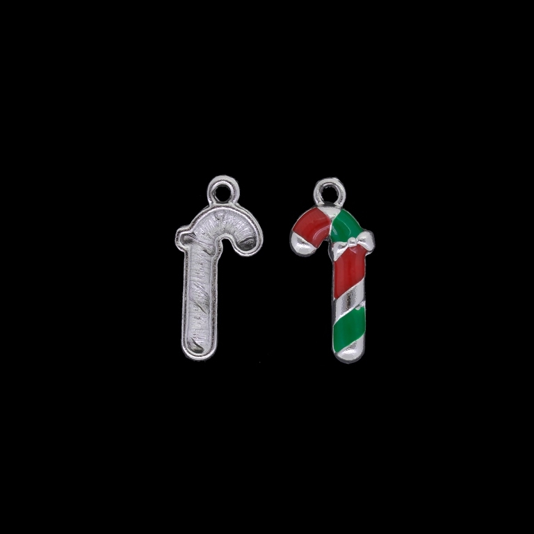 METAL BEADS WITH ENAMEL - UV - PENDANT - CHRISTMAS CANE 01 - 12x26x3mm NICKEL AND GREEN-RED - 2pcs. Hole-2.2mm