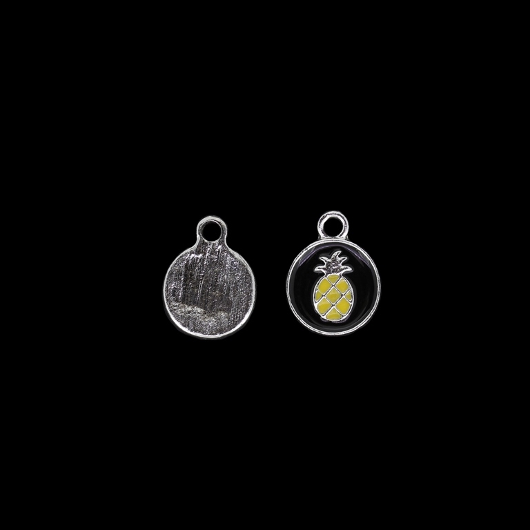 METAL BEADS WITH ENAMEL - UV - PENDANT - CIRCLE WITH PINEAPPLE - 13x17x2mm NICKEL AND BLACK-YELLOW - 4pcs. Hole-2.6mm