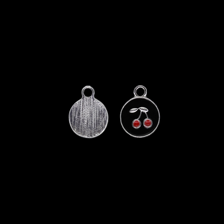 METAL BEADS WITH ENAMEL - UV - PENDANT - CIRCLE WITH CHERRIES - 13x17x2mm NICKEL AND BLACK-RED - PACKAGE 40pcs. Hole-2.6mm