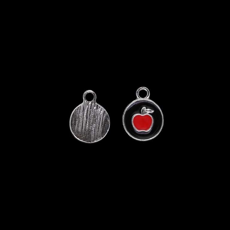 METAL BEADS WITH ENAMEL - UV - PENDANT - CIRCLE WITH APPLE - 13x17x2mm NICKEL AND BLACK-RED - 4pcs. Hole-2.6mm