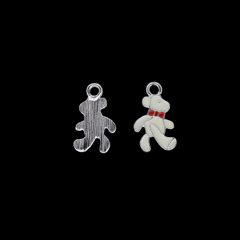 METAL BEADS WITH ENAMEL - UV - PENDANT - BEAR WITH BOW TIE - 13x22x2mm NICKEL AND WHITE - 4pcs. Hole-2.6mm