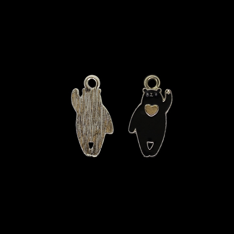 METAL BEADS WITH ENAMEL - UV - PENDANT - BEAR WITH HEART 01 - 13x26x2mm GOLD AND BLACK - 4pcs. Hole-2.6mm