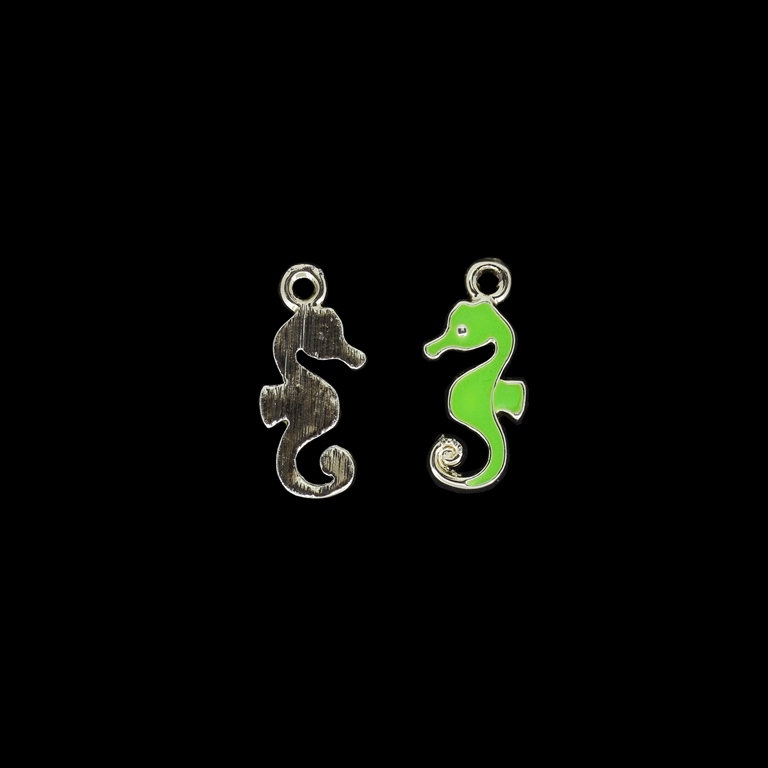 METAL BEADS WITH ENAMEL - UV - PENDANT - SEAHORSE 01 - 10x23x2mm GOLD AND GREEN ELECTRICAL - PACKAGE 40pcs. Hole-2.2mm