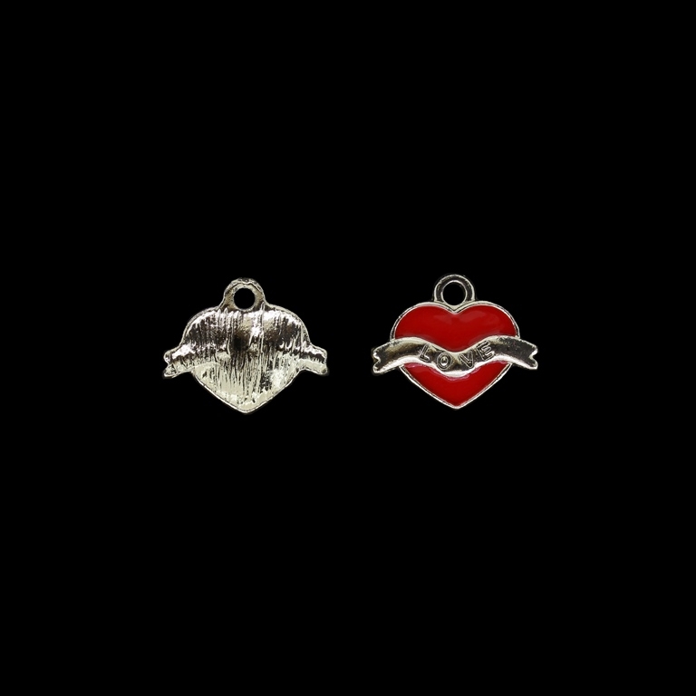 METAL BEADS WITH ENAMEL - UV - PENDANT - HEART LOVE 02 - 18x15x2mm GOLD AND RED - 4pcs. Hole-2.3mm