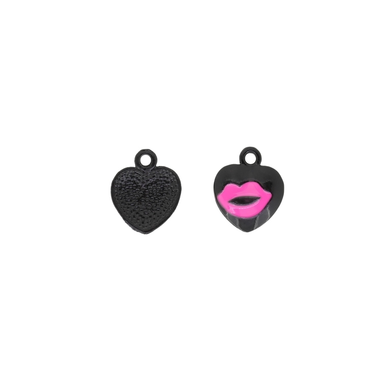 METAL BEADS WITH ENAMEL - UV - PENDANT - HEART WITH LIPS 01 - 14x17x3mm BLACK AND CYCLAMEN - PACKAGE 40pcs. Hole-2.0mm