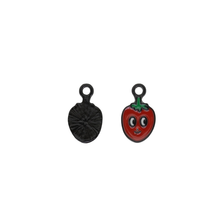 METAL BEADS WITH ENAMEL - UV - PENDANT - STRAWBERRY SMILING 01 - 12x20x2mm BLACK AND RED - PACKAGE 40pcs. Hole-2.4mm