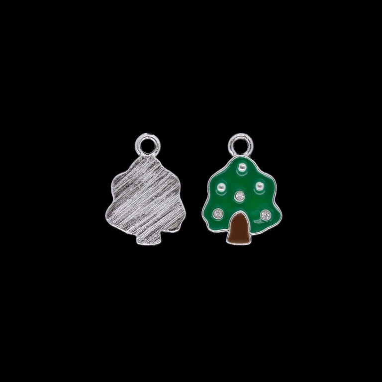 METAL BEADS WITH ENAMEL AND CRYSTALS - UV - PENDANT - CHRISTMAS TREE 03 - 16x22x2mm NICKEL AND GREEN - PACKAGE 30pcs. Hole-2.6mm