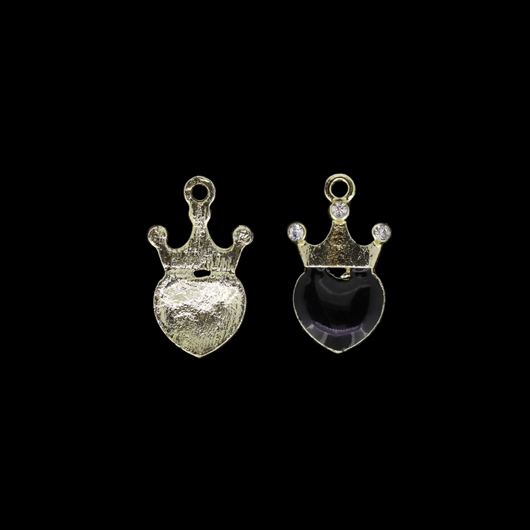 METAL BEADS WITH ENAMEL AND CRYSTALS - UV - PENDANT - HEART WITH CROWN 02 - 15x25x3mm GOLD AND BLACK - PACKAGE 40pcs. Hole-2.2mm